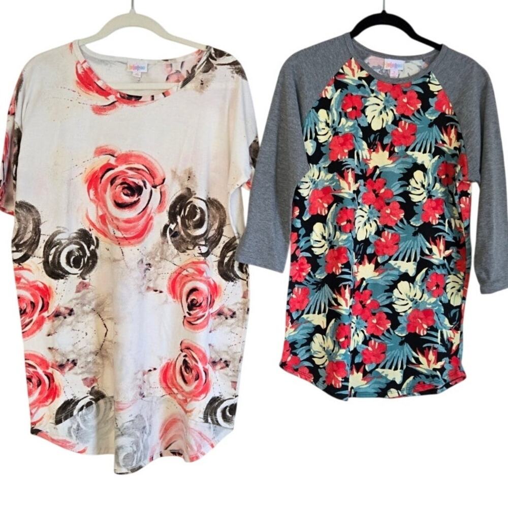 LuLaRoe Lot of 2 Soft Knit Floral & Tropical Print Tops Tunic + Baseball S/XS